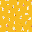 a repeating pattern of white rabbits against a bright yellow background. The rabbits are depicted in various poses, such as standing, sitting, and interacting with objects like carrots and books. The overall composition is simple and visually engaging, with the rabbits being the central focus of the image.