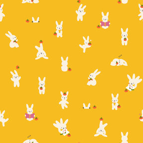 a repeating pattern of white rabbits against a bright yellow background. The rabbits are depicted in various poses, such as standing, sitting, and interacting with objects like carrots and books. The overall composition is simple and visually engaging, with the rabbits being the central focus of the image.