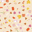 a variety of colorful and whimsical illustrations, including fruits, desserts, and other playful objects, arranged in a repeating pattern.