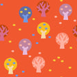 a repeating pattern of stylized tree silhouettes in various colors, including shades of blue, pink, yellow, and orange, against a bright orange background.
