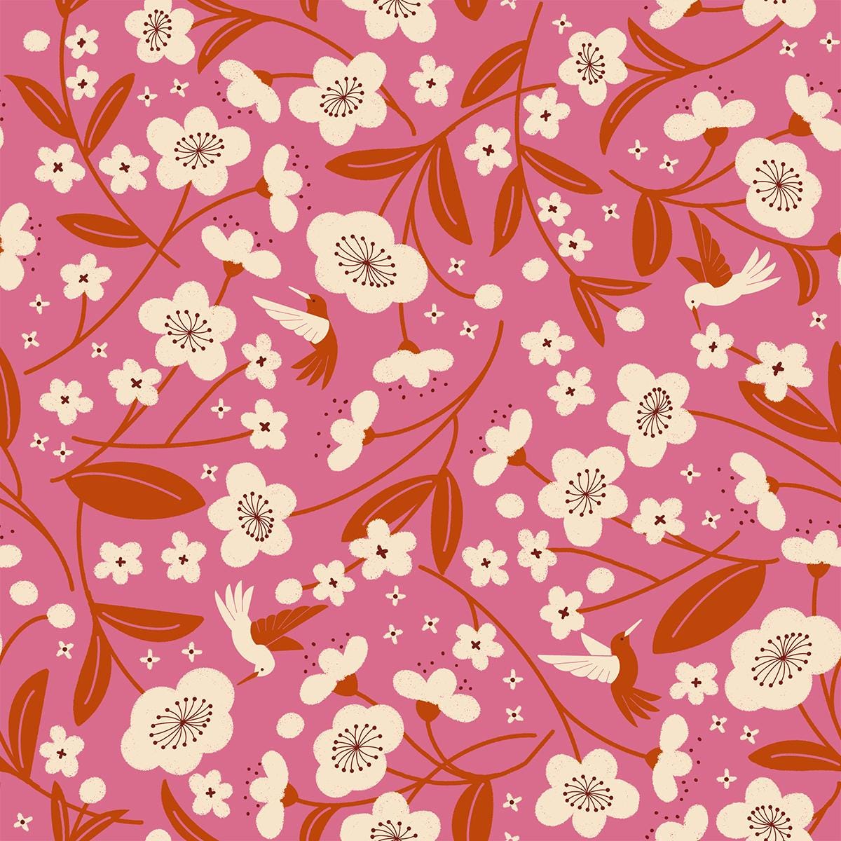 a repeating pattern of white flowers with brown stems and leaves against a pink background.