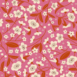a repeating pattern of white flowers with brown stems and leaves against a pink background.