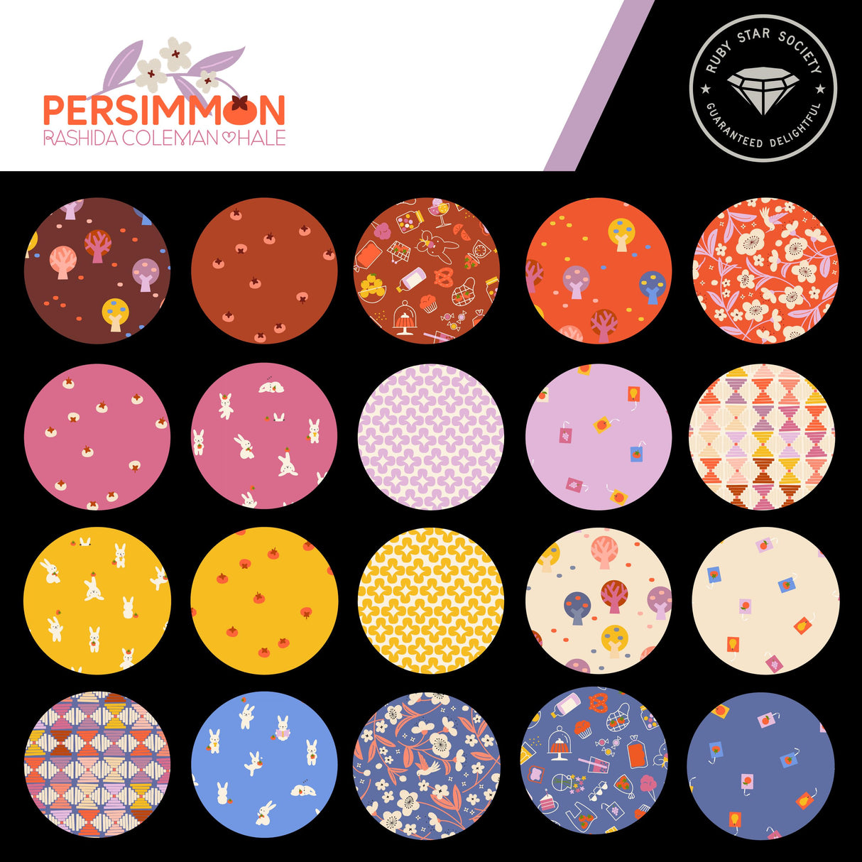 a collection of 16 circular patterns, each with a unique design and color scheme. The patterns include various shapes, such as circles, ovals, and triangles, as well as a range of colors like pink, orange, yellow, blue, and purple. The arrangement of the patterns creates a visually appealing and diverse display.