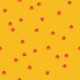 a repeating pattern of small red and orange circles or dots on a bright yellow background.