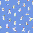 a repeating pattern of white rabbits against a blue background. The rabbits are depicted in various poses, such as standing, sitting, and interacting with objects like carrots and books. The overall composition is simple and visually engaging, with the rabbits and their surroundings creating a sense of movement and energy.