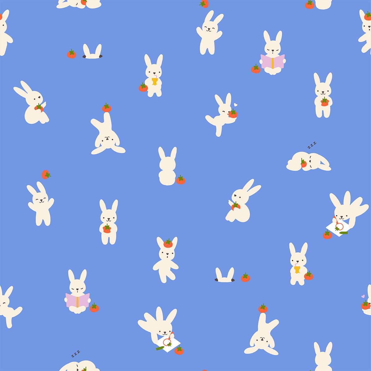 a repeating pattern of white rabbits against a blue background. The rabbits are depicted in various poses, such as standing, sitting, and interacting with objects like carrots and books. The overall composition is simple and visually engaging, with the rabbits and their surroundings creating a sense of movement and energy.