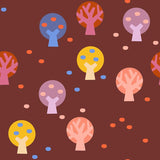 a pattern of stylized tree shapes in various colors, including shades of blue, pink, yellow, and orange, scattered across a dark brown background.