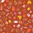a red background with a lot of different things on it