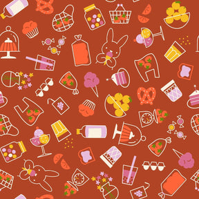 a red background with a lot of different things on it