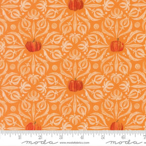 a repeating pattern of orange pumpkins against a white floral background.