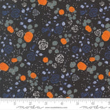 The image is a fabric with a floral pattern featuring orange pumpkins, blue roses, and gray leaves against a dark background.