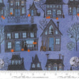 The image is a collage of various Halloween-themed illustrations, including houses, pumpkins, bats, and other spooky elements. The illustrations are set against a dark blue background, creating a festive and eerie atmosphere.