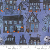The image is a collage of various Halloween-themed illustrations, including houses, pumpkins, bats, and other spooky elements. The illustrations are set against a dark blue background, creating a festive and eerie atmosphere.