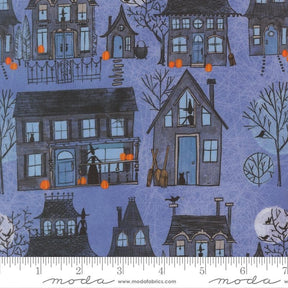 The image is a collage of various Halloween-themed illustrations, including houses, pumpkins, bats, and other spooky elements. The illustrations are set against a dark blue background, creating a festive and eerie atmosphere.