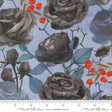 a close-up view of a fabric with a floral pattern. The pattern consists of black roses and leaves, along with some orange berries. The roses and leaves are the main elements of the design, while the orange berries add a contrasting pop of color. The fabric appears to be a type of textile, possibly used for clothing or home decor.