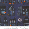 The image is a collage of various Halloween-themed illustrations, including houses, pumpkins, and a full moon. The illustrations are set against a dark blue background, creating a spooky and festive atmosphere.