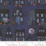 The image is a collage of various Halloween-themed illustrations, including houses, pumpkins, and a full moon. The illustrations are set against a dark blue background, creating a spooky and festive atmosphere.