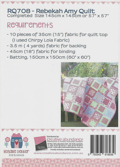 Rebekah Amy Quilt Pattern RQ 708 Printed Pattern Only by Rosalie Dekker Designs