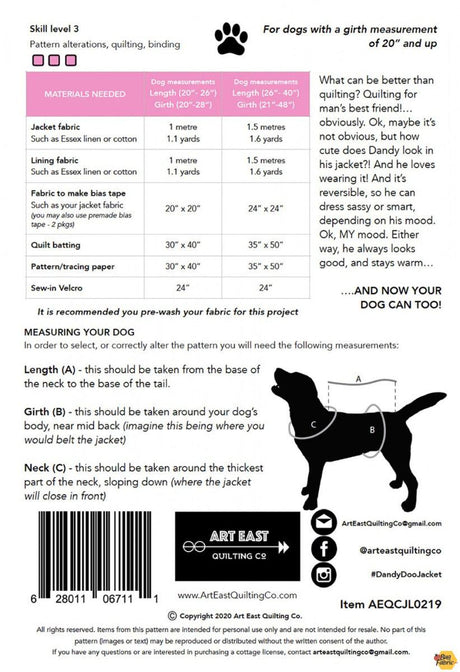 The Dandy Doo Jacket Pattern for MD/LG Dogs AEQCJL0219 Printed Pattern Booklet Only by Art East Quilting Co