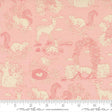 The image is a fabric with a repeating pattern of various animals, including deer, birds, and squirrels, against a pink background.