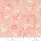The image is a fabric with a repeating pattern of various animals, including deer, birds, and squirrels, against a pink background.