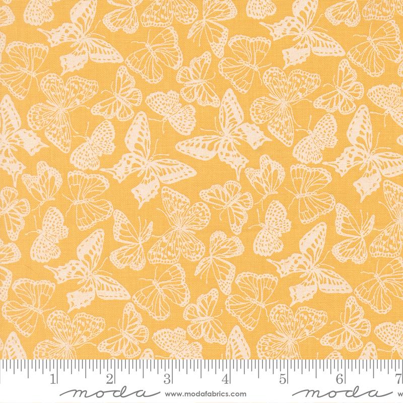 a repeating pattern of white butterflies against a yellow background.