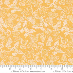 a repeating pattern of white butterflies against a yellow background.