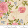 The image is a close-up of a fabric with a floral pattern, featuring pink roses, blue flowers, and green leaves.