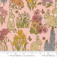 The image is a collage of various illustrations of rabbits, flowers, and butterflies, all set against a pink background.