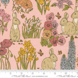 The image is a collage of various illustrations of rabbits, flowers, and butterflies, all set against a pink background.