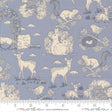 The image is a fabric print featuring various animals, including deer, birds, and squirrels, set against a blue background. The print is designed with a repeating pattern of these animals, creating a visually appealing and nature-inspired design.