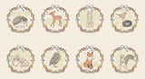 a collection of illustrations featuring various animals, including a hedgehog, deer, rabbit, bird, squirrel, owl, and fox, all depicted within decorative floral wreaths.