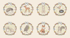 a collection of illustrations featuring various animals, including a hedgehog, deer, rabbit, bird, squirrel, owl, and fox, all depicted within decorative floral wreaths.