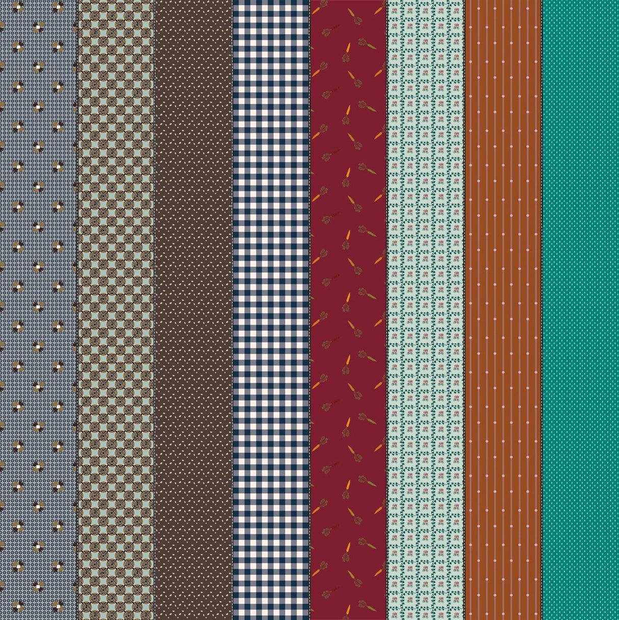 a collection of nine vertical stripes, each with a unique pattern and color. The stripes are arranged in a grid-like pattern, creating a visually appealing and diverse display.