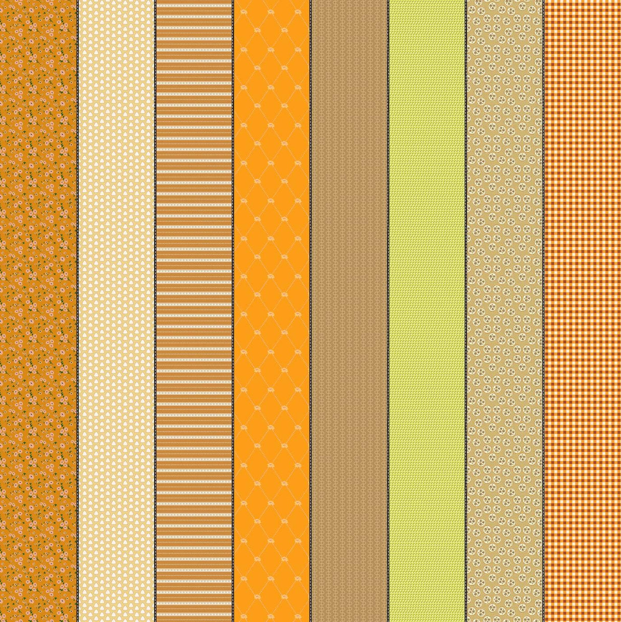 a collection of nine vertical stripes in various colors, including orange, yellow, green, and brown. The stripes have different patterns and designs, creating a visually interesting and diverse arrangement.