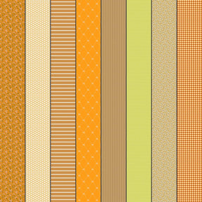 a collection of nine vertical stripes in various colors, including orange, yellow, green, and brown. The stripes have different patterns and designs, creating a visually interesting and diverse arrangement.