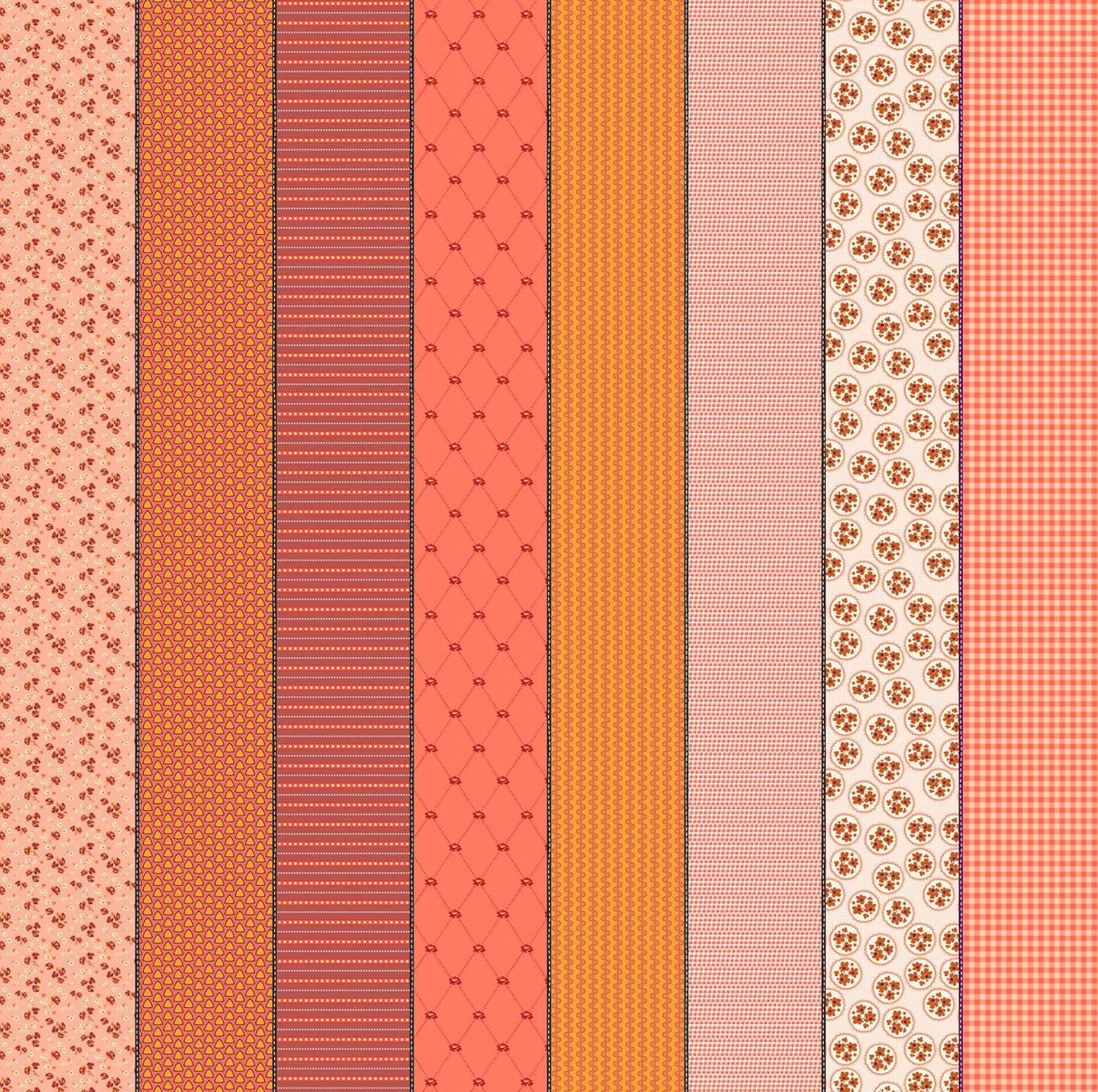 a collection of nine vertical stripes in various shades of orange, pink, and white, arranged in a grid-like pattern.
