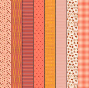 a collection of nine vertical stripes in various shades of orange, pink, and white, arranged in a grid-like pattern.