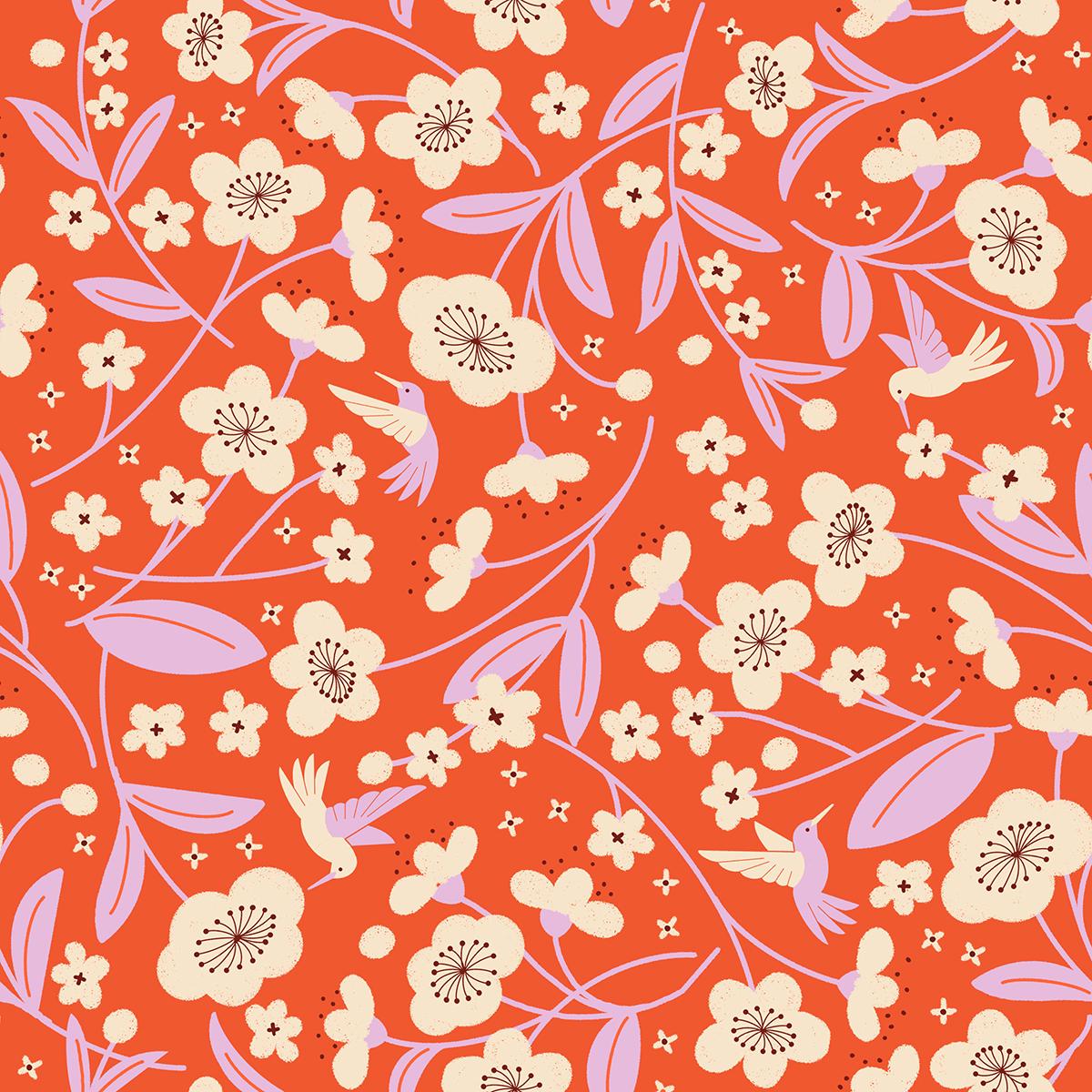 The image is a vibrant and playful pattern featuring various flowers and leaves in shades of pink, white, and orange against a bright red background.