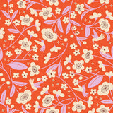 The image is a vibrant and playful pattern featuring various flowers and leaves in shades of pink, white, and orange against a bright red background.
