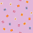 a repeating pattern of various fruits and juice-like items on a pink background.