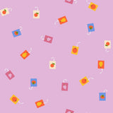 a repeating pattern of various fruits and juice-like items on a pink background.
