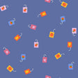 a repeating pattern of various fruit-themed illustrations, including apples, oranges, and grapes, against a blue background.