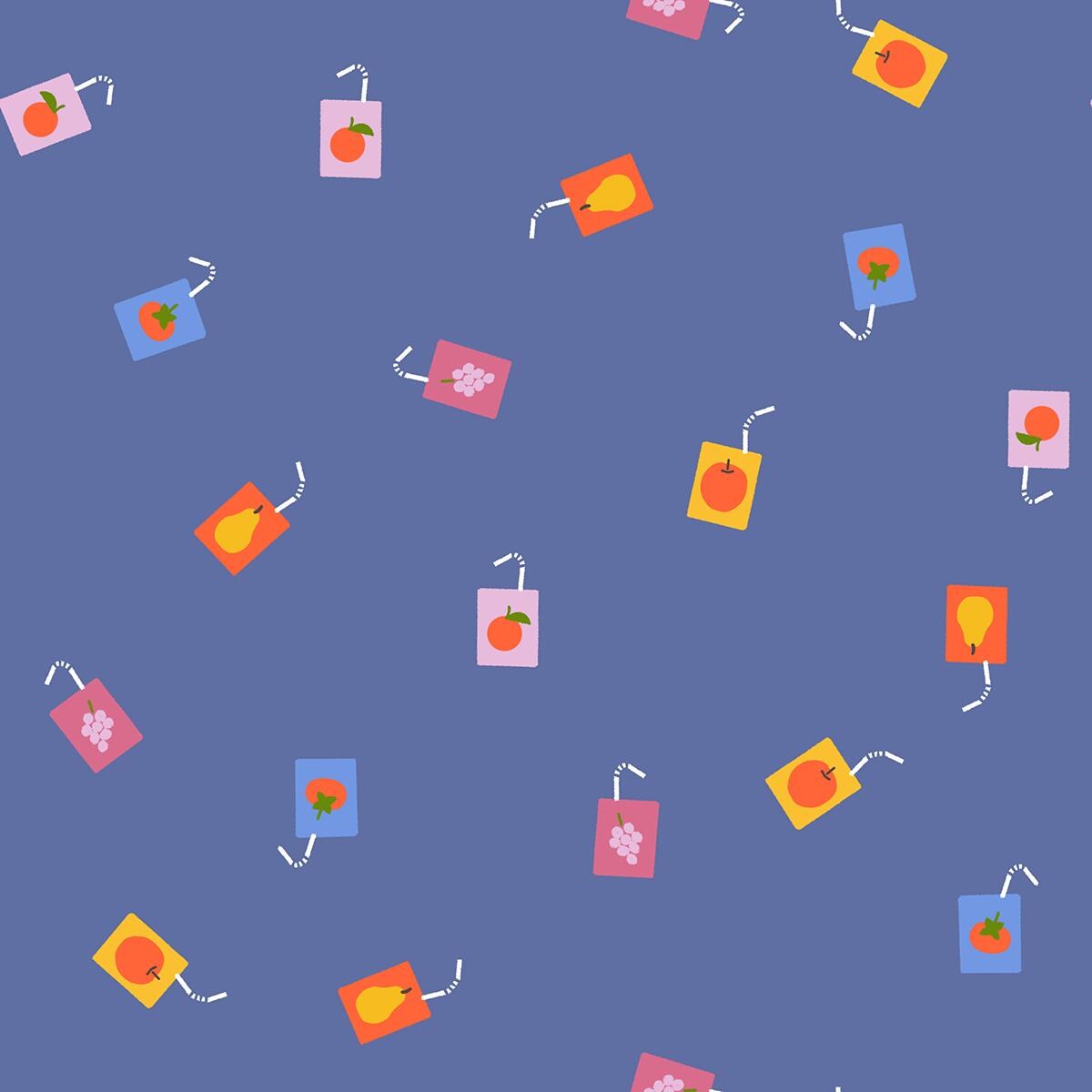 a repeating pattern of various fruit-themed illustrations, including apples, oranges, and grapes, against a blue background.