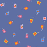 a repeating pattern of various fruit-themed illustrations, including apples, oranges, and grapes, against a blue background.