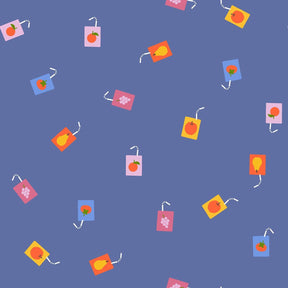 a repeating pattern of various fruit-themed illustrations, including apples, oranges, and grapes, against a blue background.
