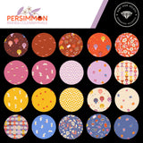 a collection of 16 circular patterns, each with a unique design and color scheme. The patterns include various shapes, such as circles, ovals, and triangles, as well as a range of colors like pink, orange, yellow, blue, and purple. The arrangement of the patterns creates a visually appealing and diverse display.