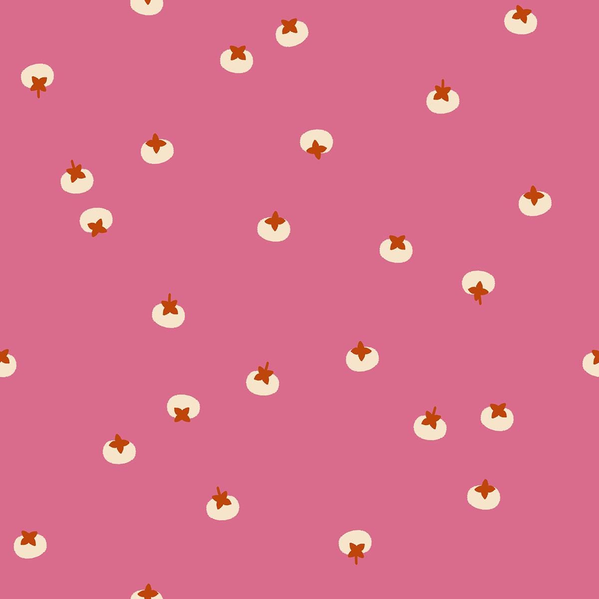 a repeating pattern of small white circles with brown stems on a pink background.