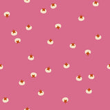 a repeating pattern of small white circles with brown stems on a pink background.