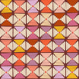 a repeating pattern of geometric shapes, including triangles, rectangles, and diamonds, arranged in a grid-like fashion. The colors used are predominantly pink, orange, and yellow, creating a vibrant and visually striking design.